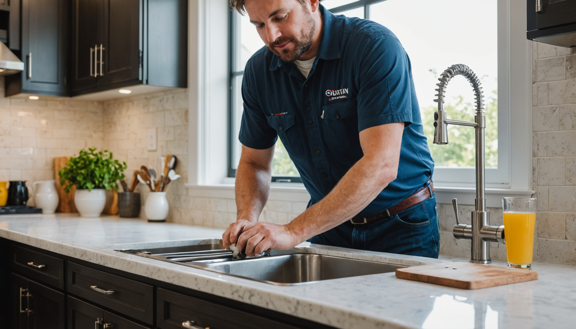 Plumber using a drain snake to clear a clogged bathroom sink drain