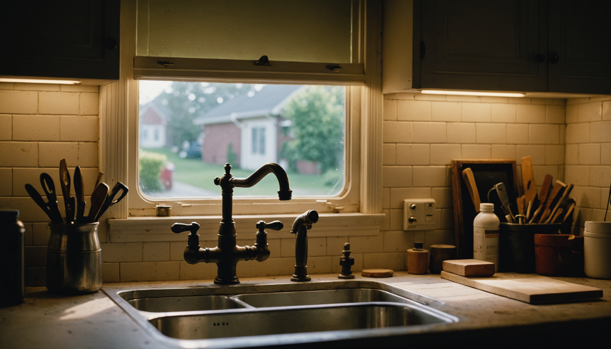 Licensed plumber inspecting water line under kitchen sink with professional tools