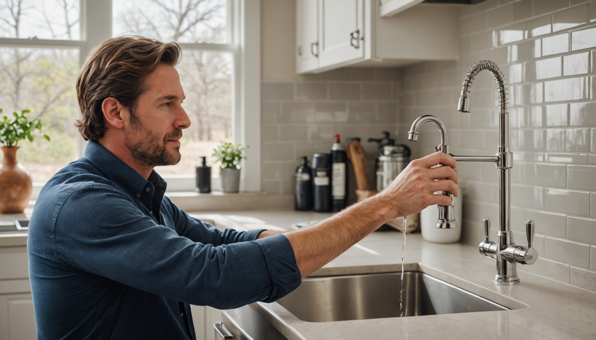 Homeowner testing weak water flow from a kitchen faucet with frustrated expression
