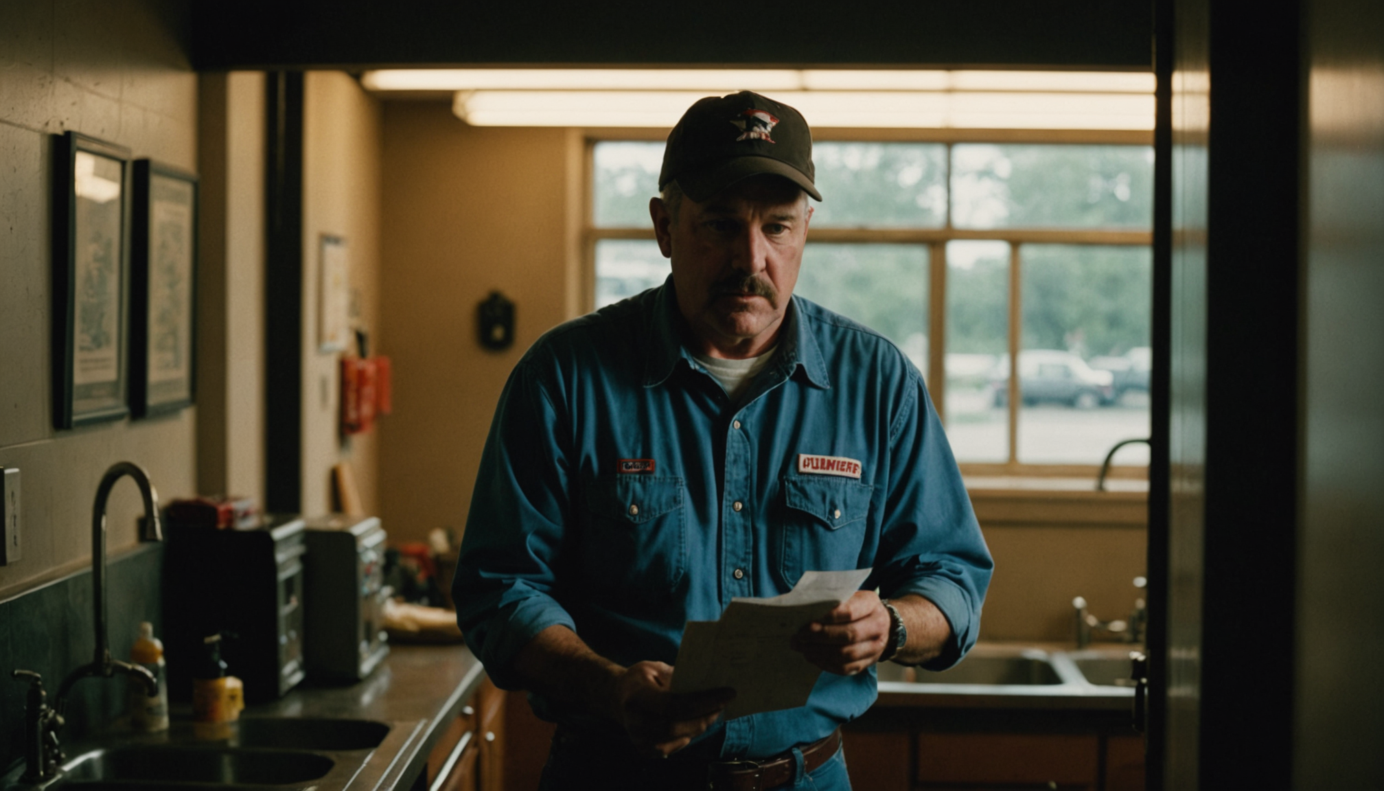 Austin homeowner reviewing a plumbing contract document at a kitchen table with pipes visible under sink