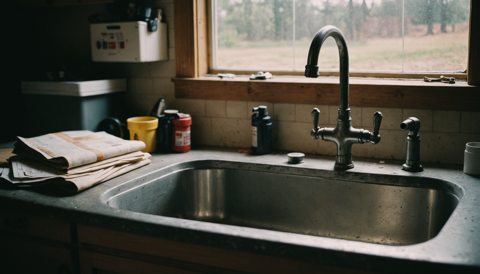 Austin homeowner reviewing a plumbing estimate with a calculator and pen on kitchen counter