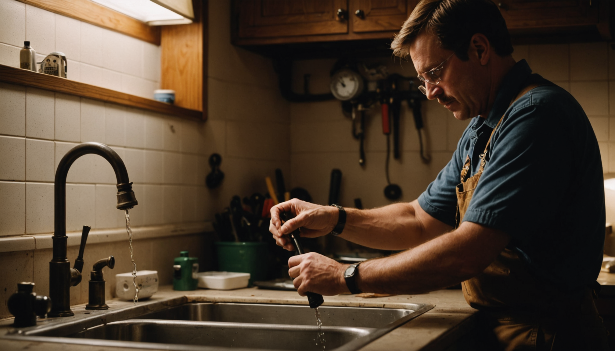 Austin homeowner reading Google reviews on laptop at kitchen table beside printed plumber quotes