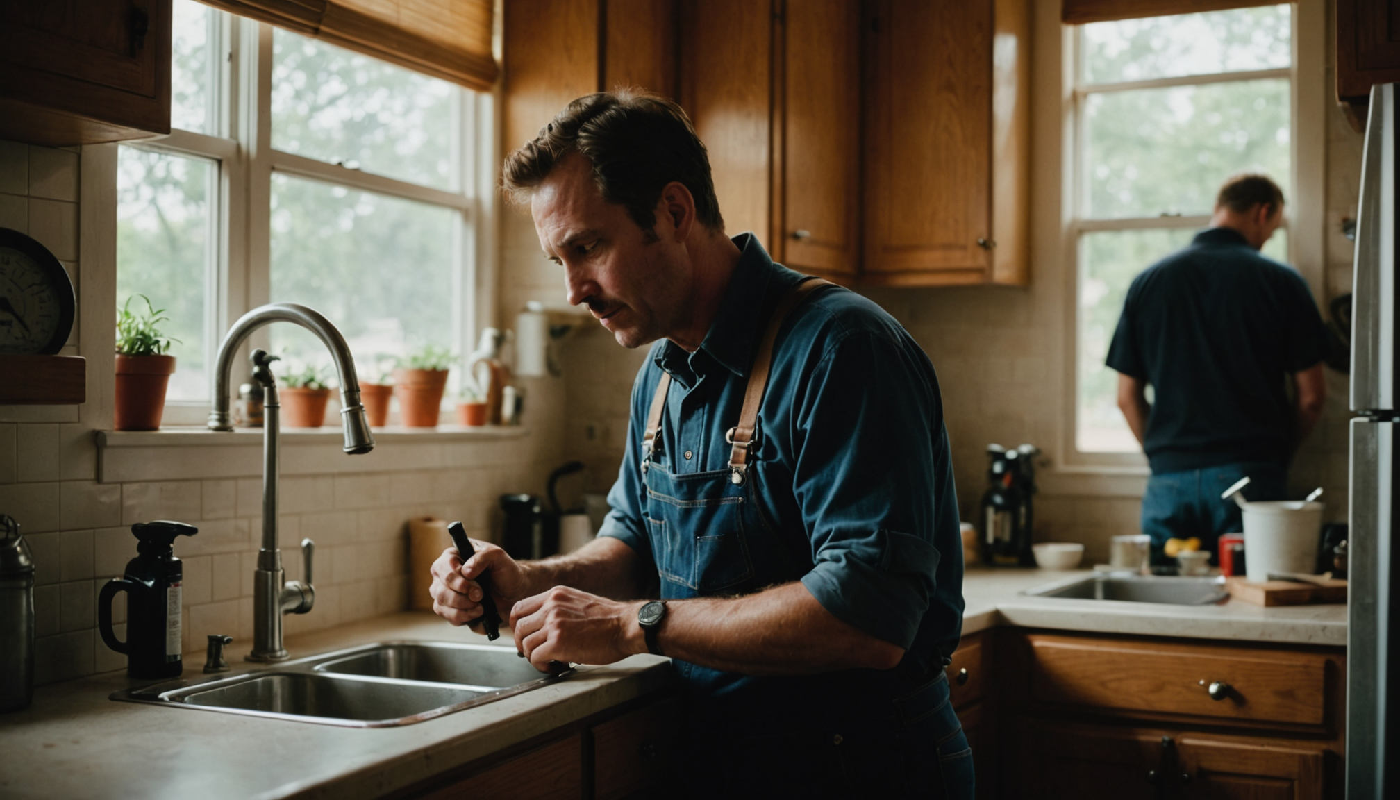 Austin homeowner comparing plumber referral notes and laptop search results at kitchen table