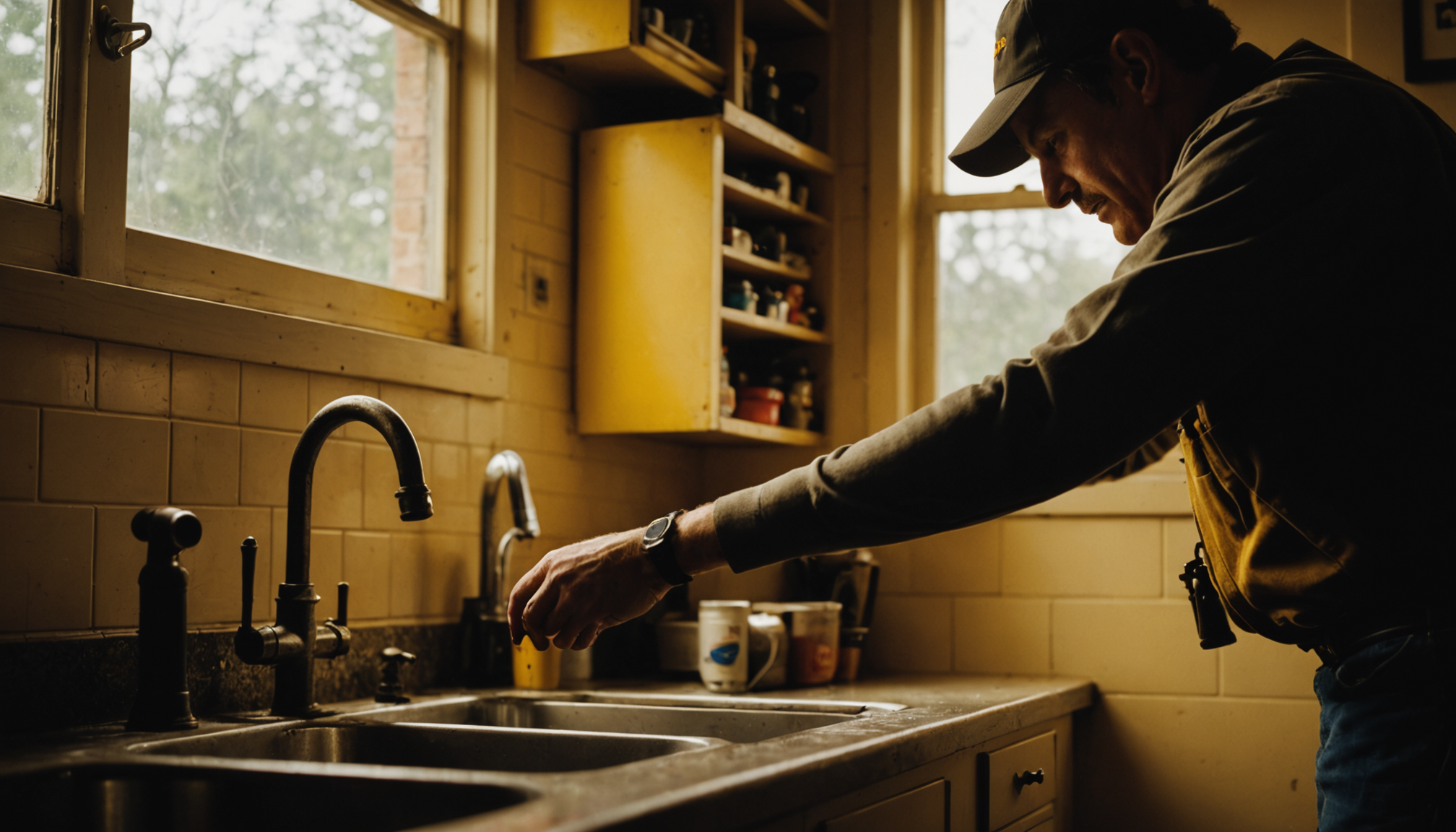 Austin homeowner holding phone while water drips from a leaking toilet base onto tile floor