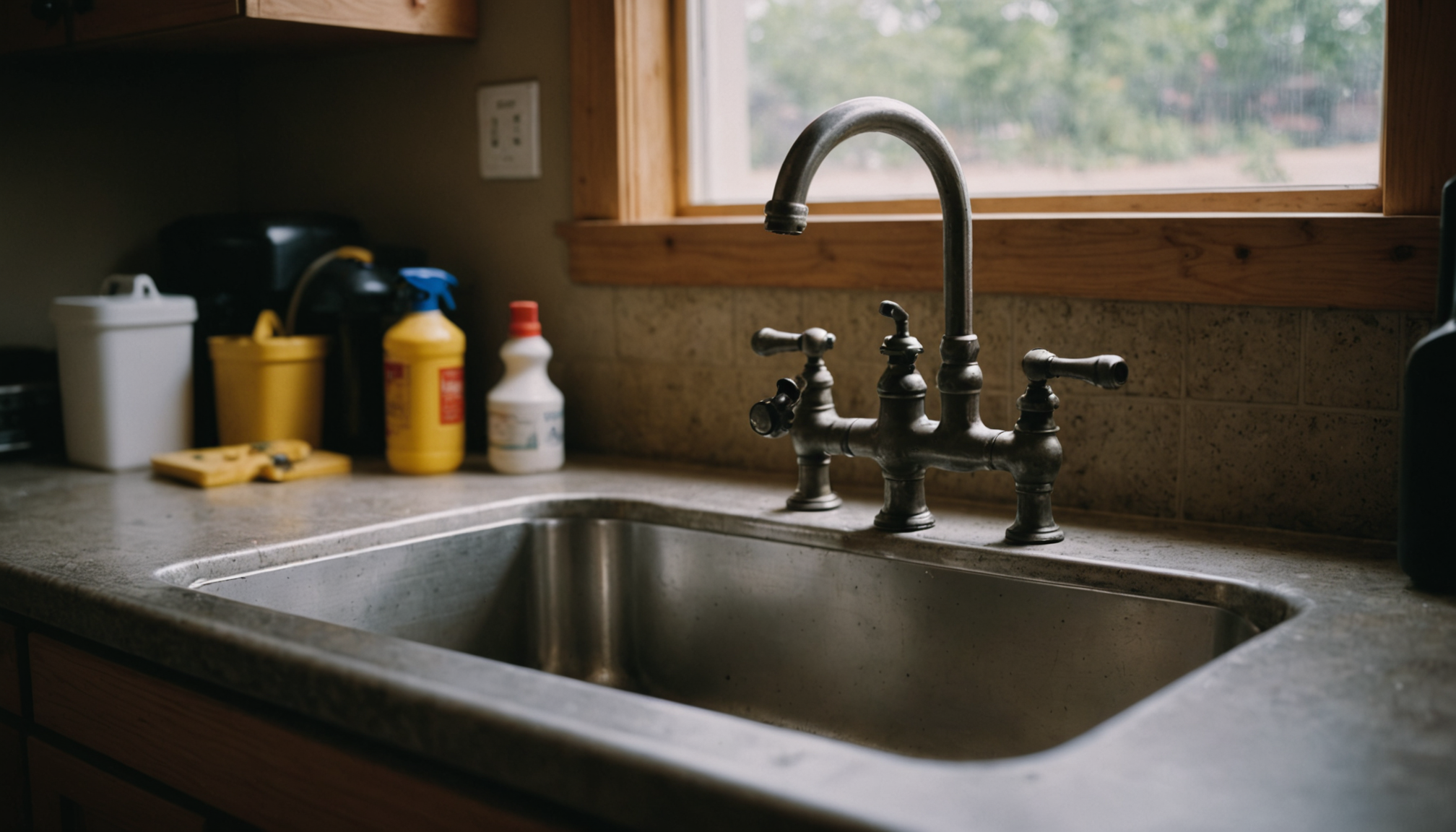 Austin homeowner reviewing a printed plumbing estimate at a kitchen table with a pen