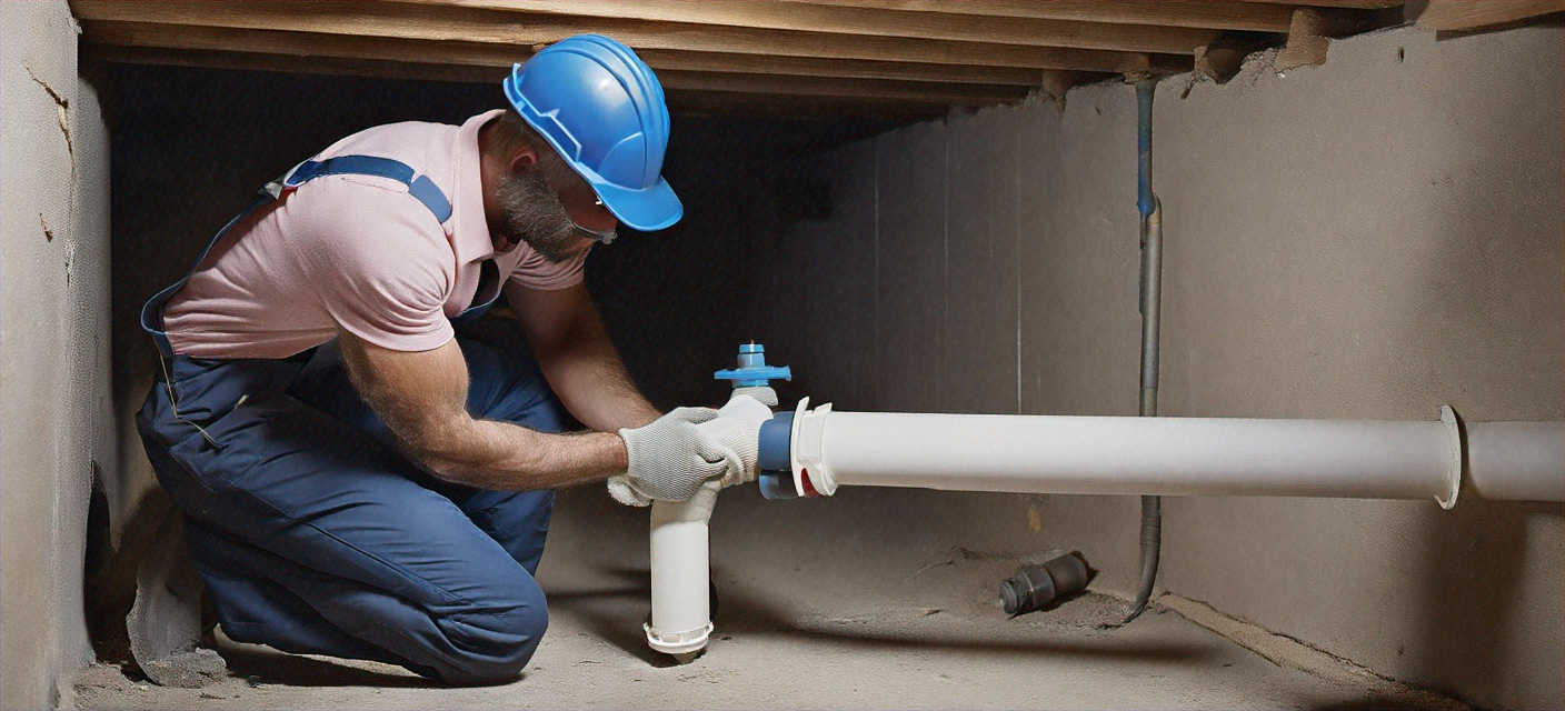 Plumber repairing a cracked PVC pipe with new fittings in a crawl space