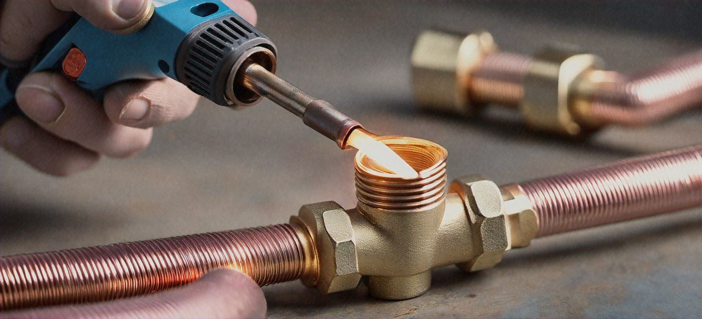 Close-up of plumber connecting copper pipe fittings with soldering torch