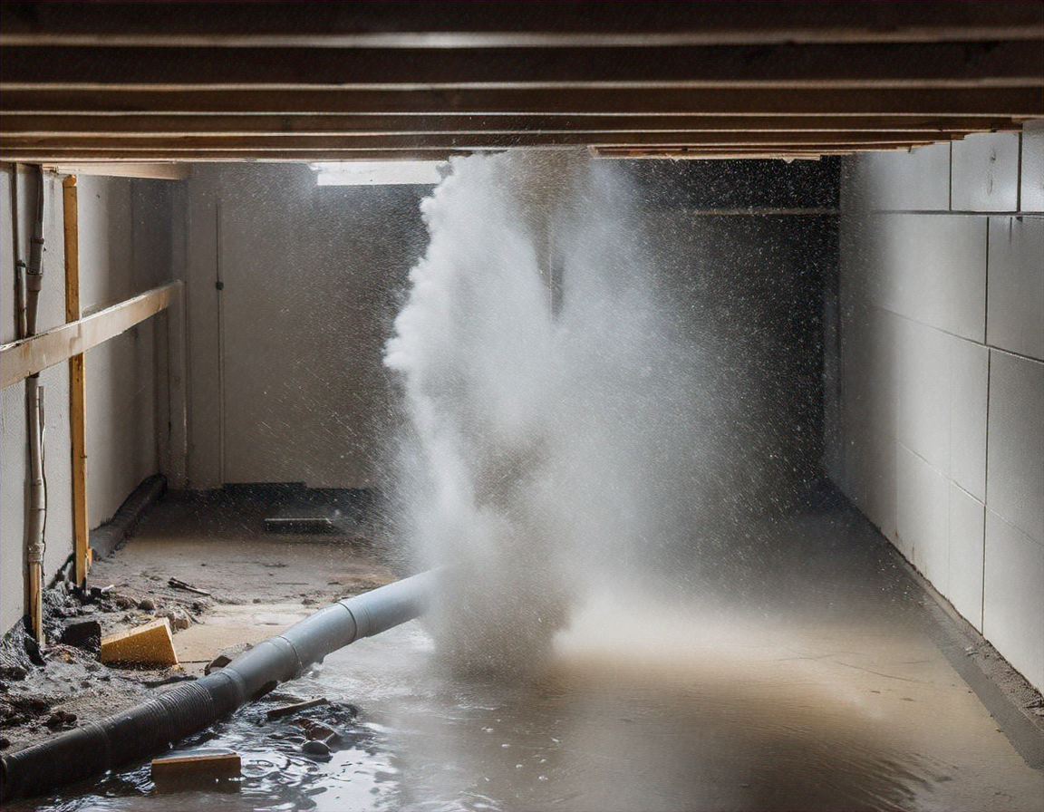 Burst water pipe spraying water inside a home basement with visible pipe damage