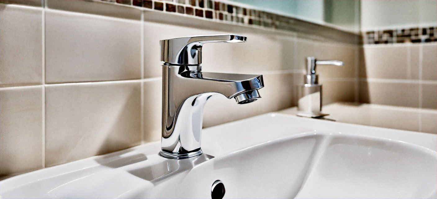 Newly installed modern bathroom fixtures including chrome faucet and under-sink plumbing