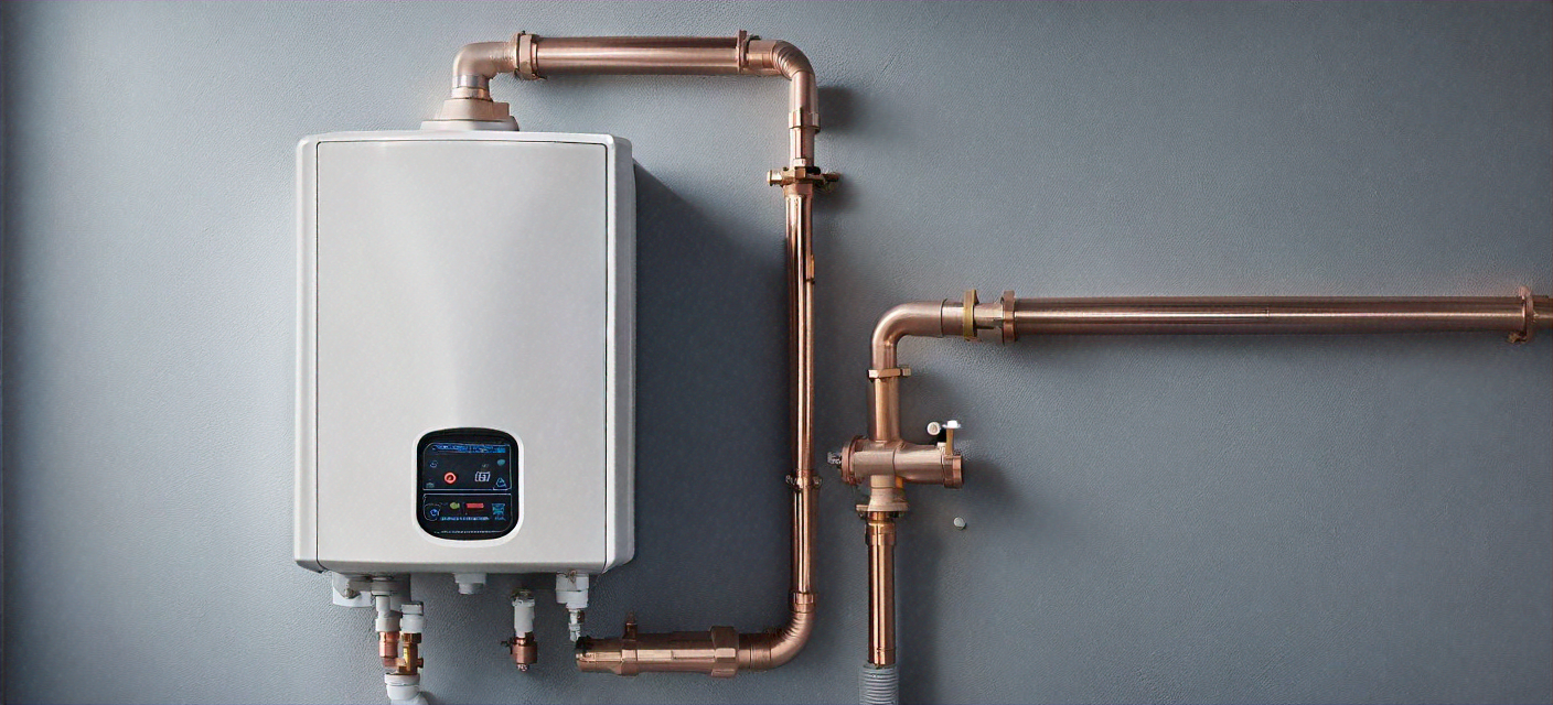 New tankless water heater unit mounted on a wall with copper pipe connections