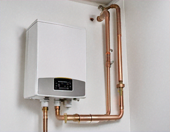 New tankless water heater mounted on a utility room wall with copper pipe connections