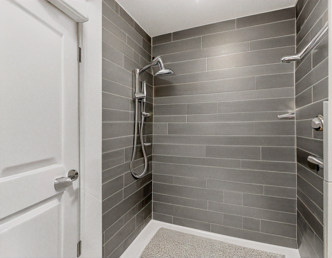 Modern bathroom remodel with new chrome fixtures, walk-in shower, and fresh plumbing rough-in