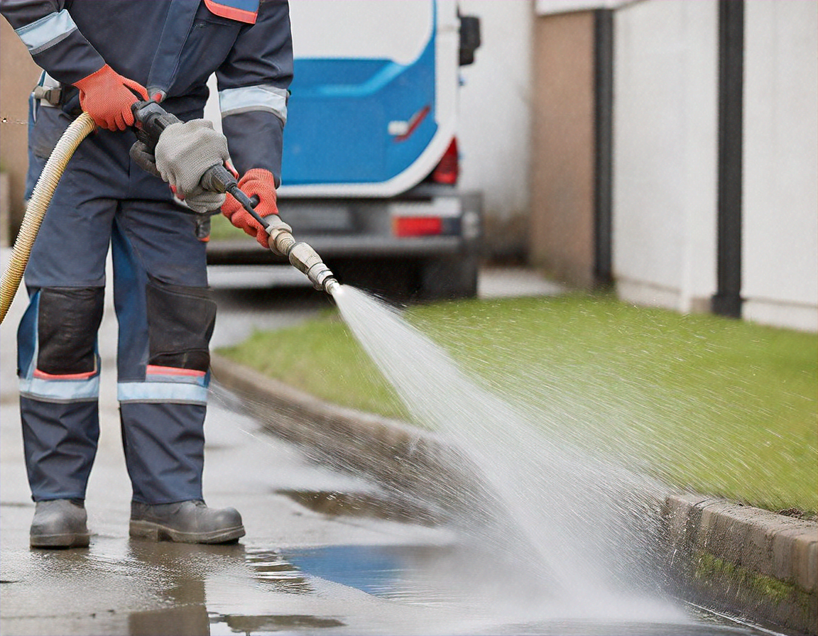 Plumber operating high-pressure hydro-jetting equipment to clear a blocked drain