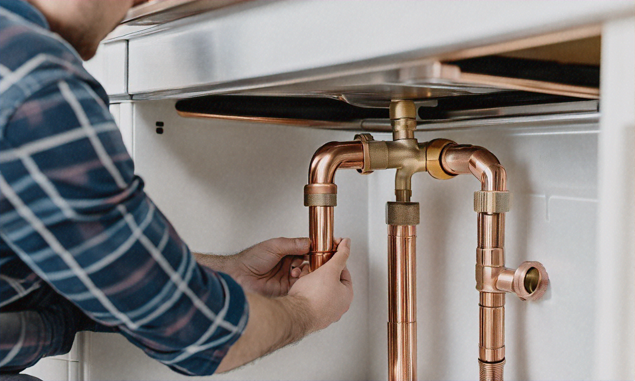 Professional plumber installing copper pipes under a kitchen sink in Austin TX