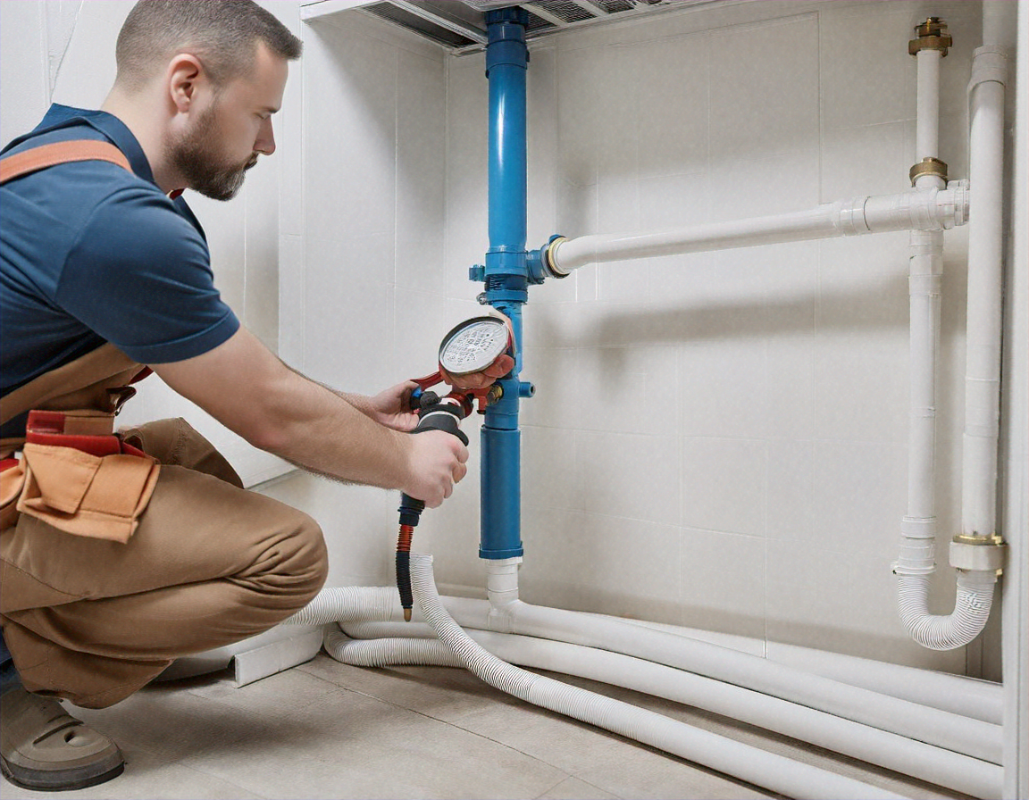 Plumber pressure testing newly installed PVC pipe system in a utility room, bright interior lighting