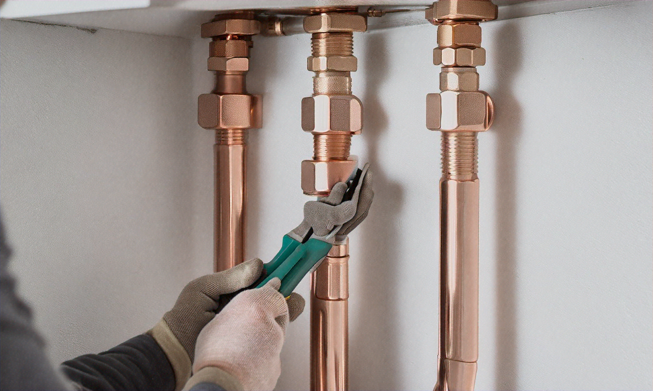 Licensed plumber installing copper pipes in a residential home, professional plumbing work