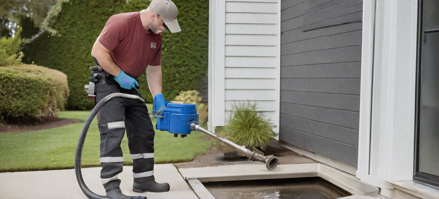 Professional drain cleaning service using hydro-jet equipment in a residential home