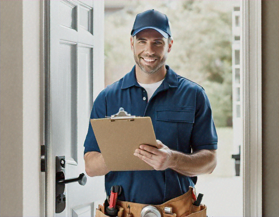 Plumber showing a written estimate on a clipboard to a homeowner at the front door