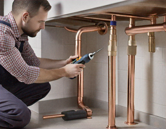 FlowFix plumber working on pipe installation