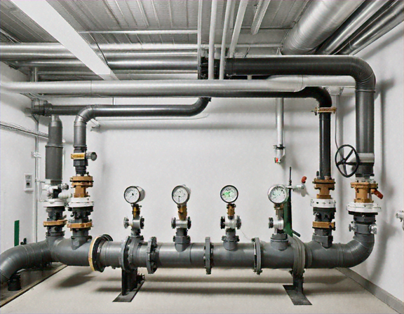 Large commercial plumbing system with industrial pipes and valves in a commercial building mechanical room