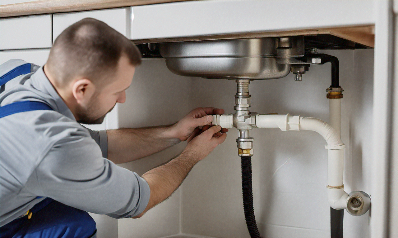 Professional plumber working on pipe installation under a residential kitchen sink