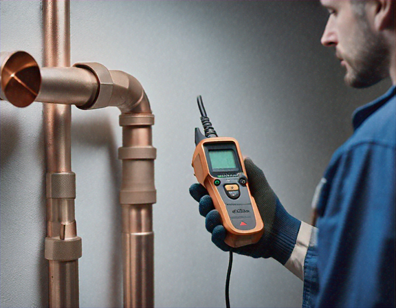 Plumber using acoustic leak detection equipment near exposed pipes in a wall