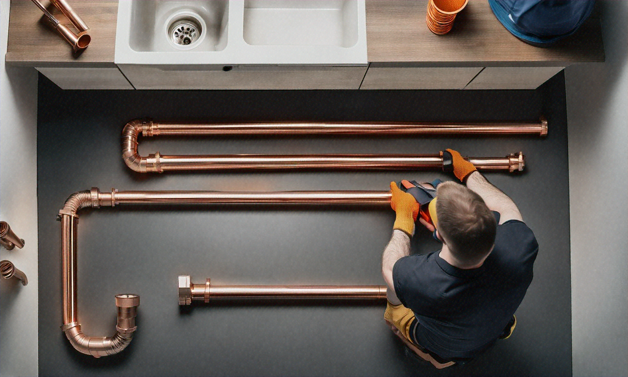 Professional plumber installing copper pipes in a residential home, overhead view, workshop lighting